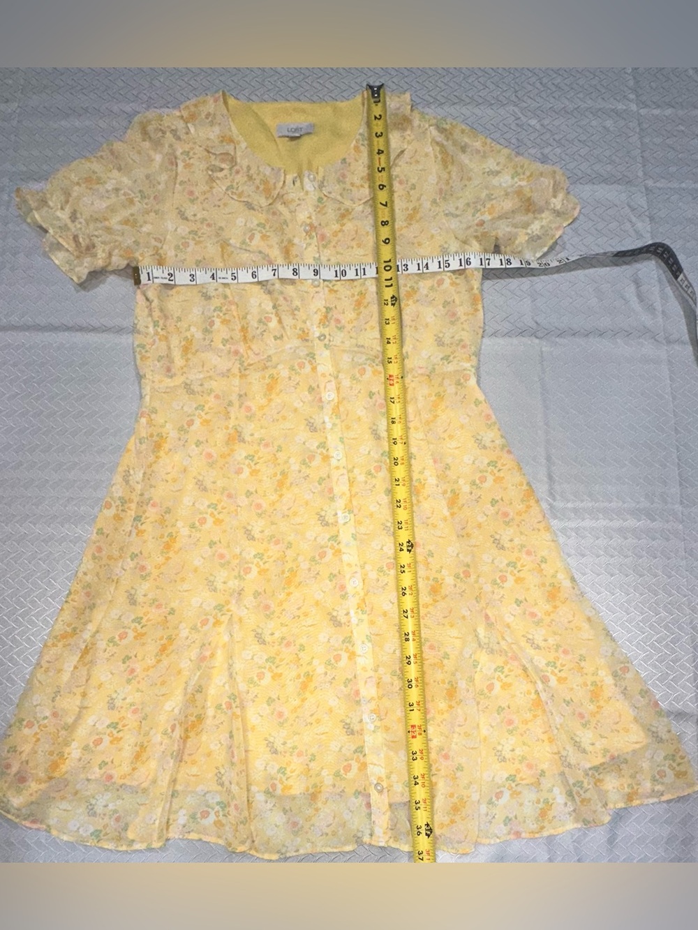 LOFT Yellow Floral Button-Front Puff Sleeve Dress